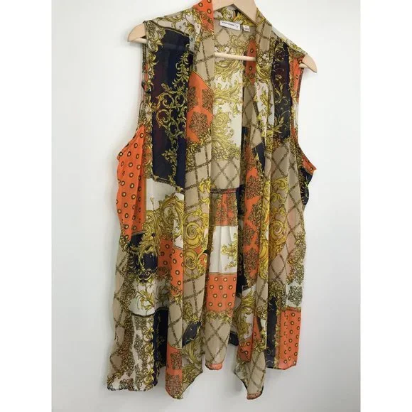 Susan Graver Sleeveless Cardigan Sheer Chain Print Beige Navy Orange XL - Picture 2 of 5